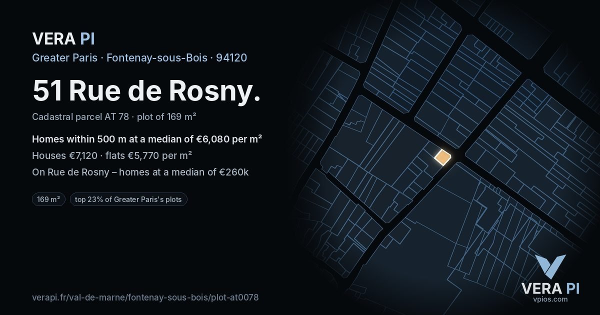 51 Rue de Rosny, Fontenay-sous-Bois at night – the plot lit, the parcels around coloured by the prices near them