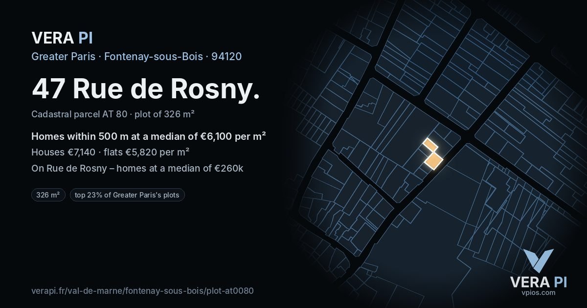 47 Rue de Rosny, Fontenay-sous-Bois at night – the plot lit, the parcels around coloured by the prices near them