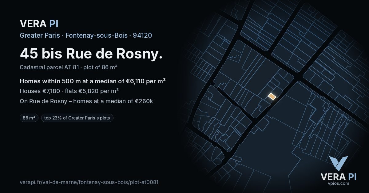 45 bis Rue de Rosny, Fontenay-sous-Bois at night – the plot lit, the parcels around coloured by the prices near them