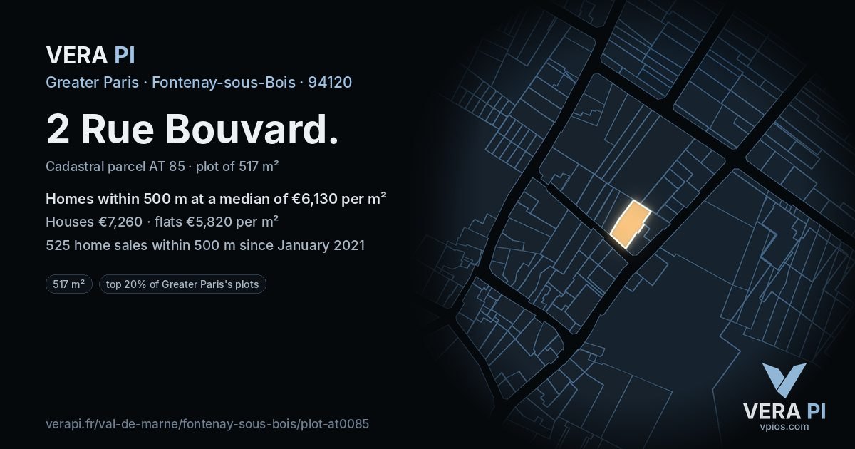 2 Rue Bouvard, Fontenay-sous-Bois at night – the plot lit, the parcels around coloured by the prices near them