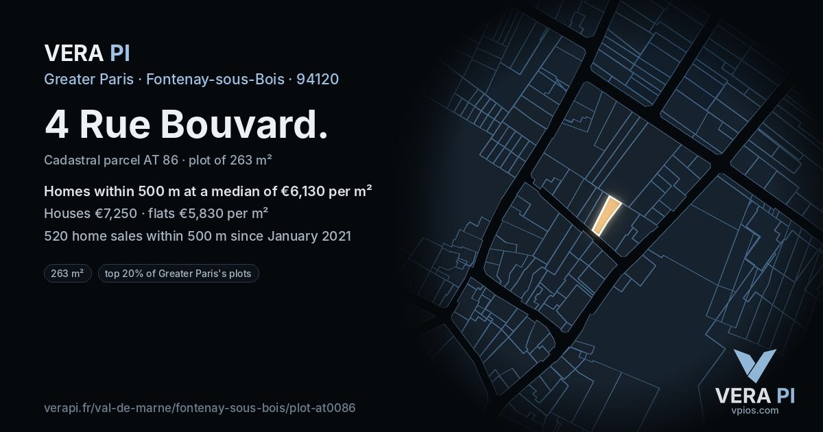 4 Rue Bouvard, Fontenay-sous-Bois at night – the plot lit, the parcels around coloured by the prices near them
