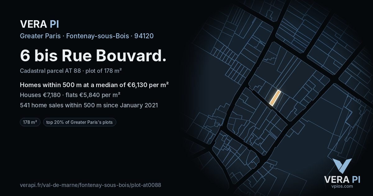 6 bis Rue Bouvard, Fontenay-sous-Bois at night – the plot lit, the parcels around coloured by the prices near them