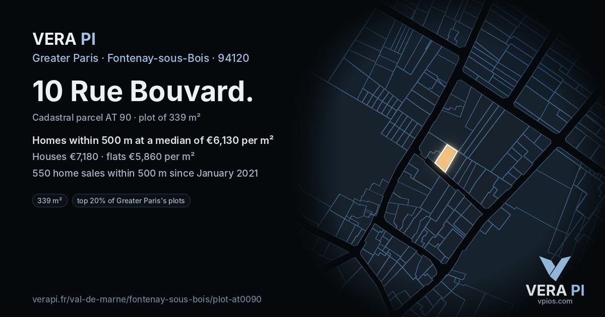 10 Rue Bouvard, Fontenay-sous-Bois at night – the plot lit, the parcels around coloured by the prices near them