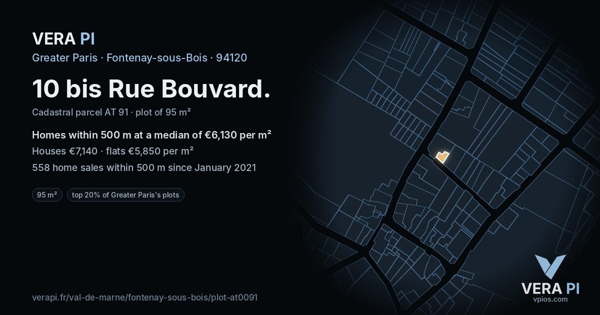 10 bis Rue Bouvard, Fontenay-sous-Bois at night – the plot lit, the parcels around coloured by the prices near them