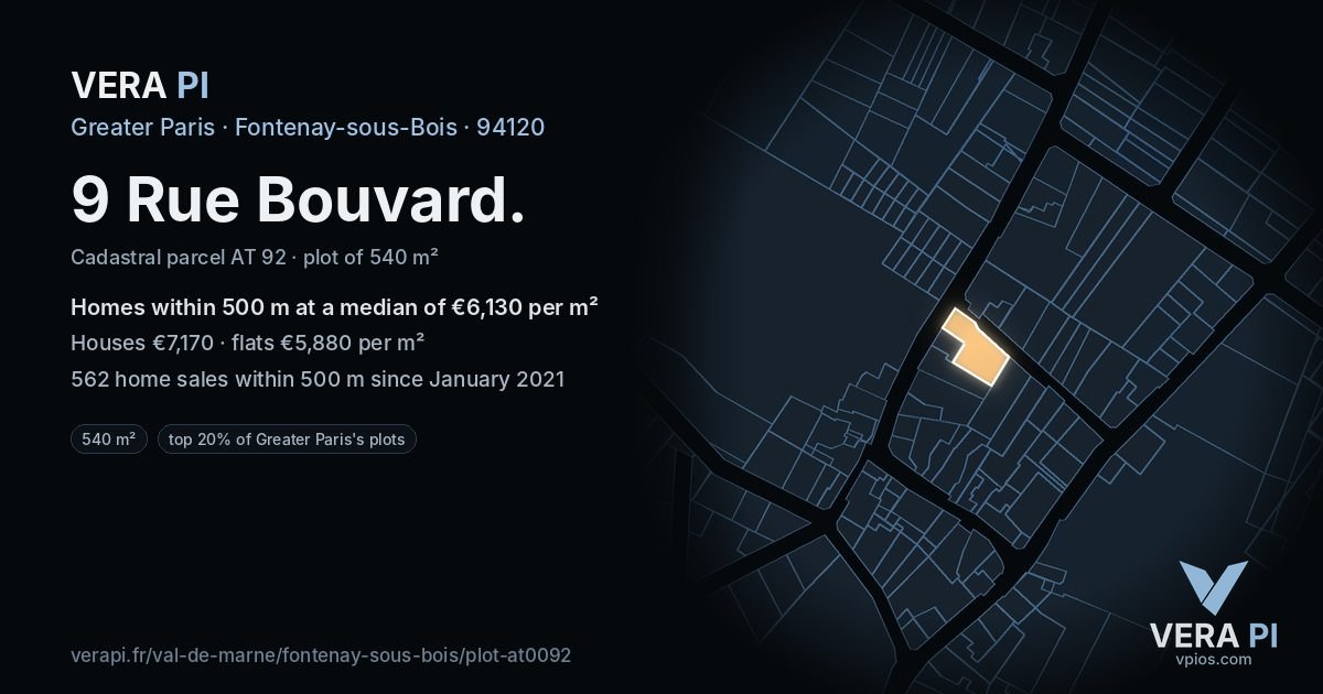 9 Rue Bouvard, Fontenay-sous-Bois at night – the plot lit, the parcels around coloured by the prices near them