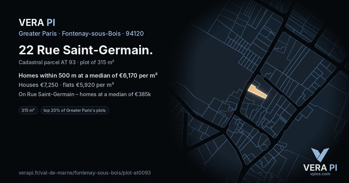22 Rue Saint-Germain, Fontenay-sous-Bois at night – the plot lit, the parcels around coloured by the prices near them