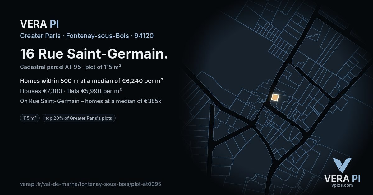 16 Rue Saint-Germain, Fontenay-sous-Bois at night – the plot lit, the parcels around coloured by the prices near them