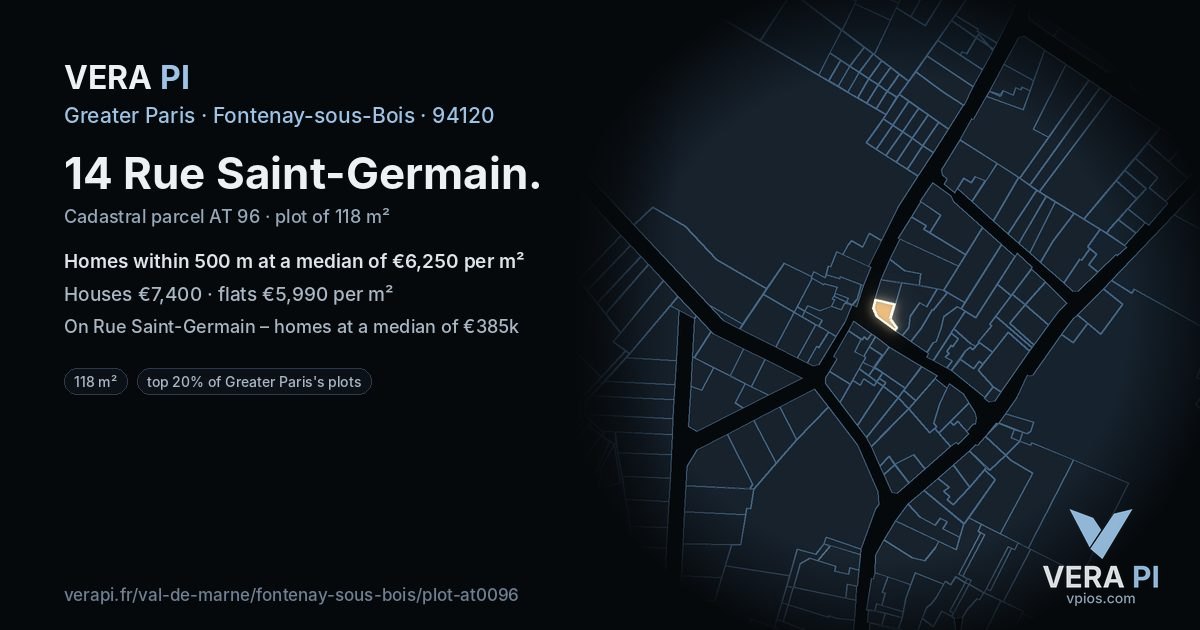 14 Rue Saint-Germain, Fontenay-sous-Bois at night – the plot lit, the parcels around coloured by the prices near them