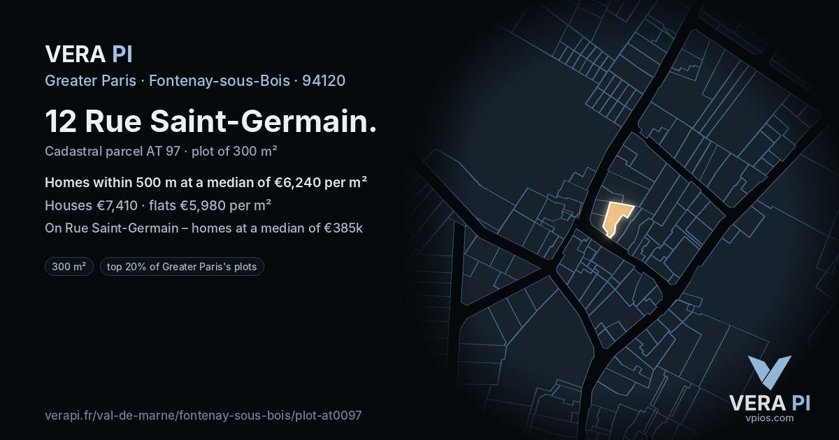 12 Rue Saint-Germain, Fontenay-sous-Bois at night – the plot lit, the parcels around coloured by the prices near them