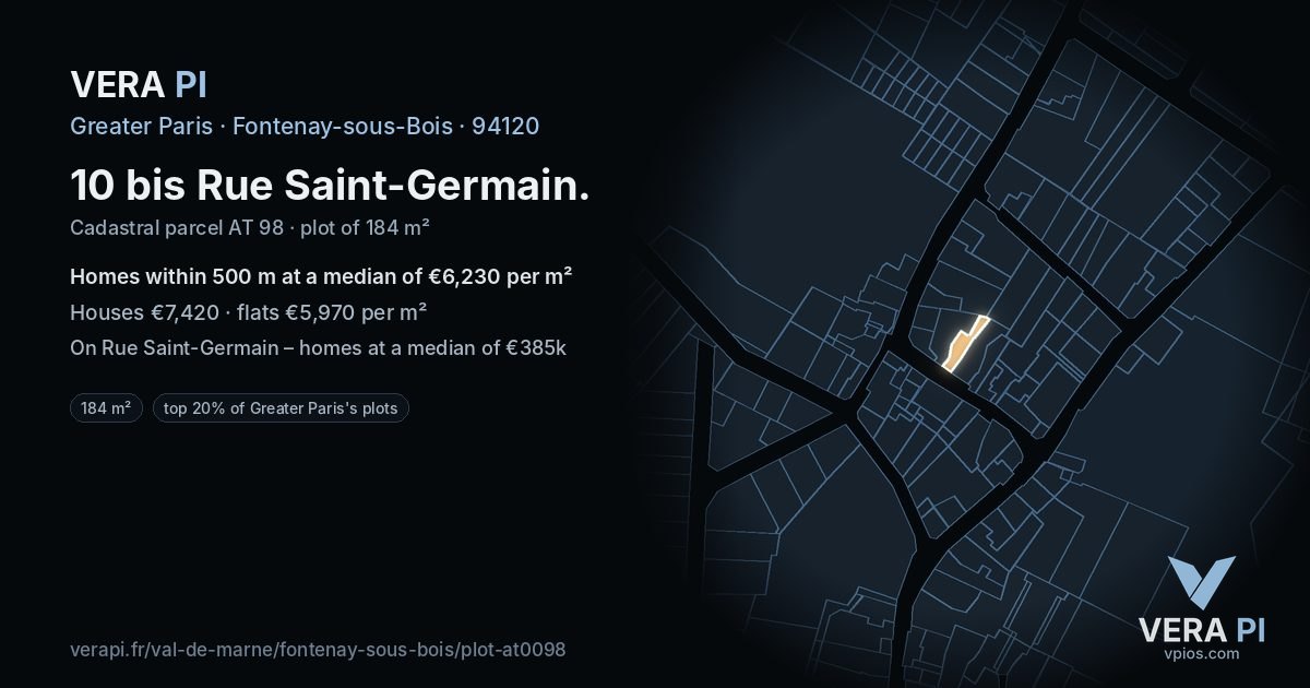 10 bis Rue Saint-Germain, Fontenay-sous-Bois at night – the plot lit, the parcels around coloured by the prices near them