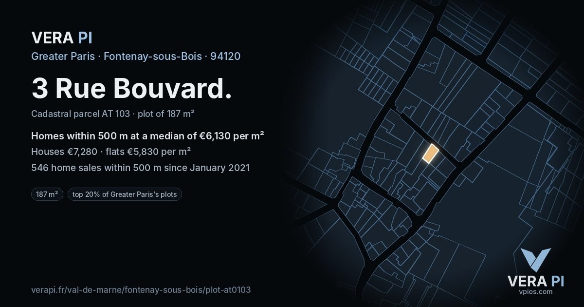 3 Rue Bouvard, Fontenay-sous-Bois at night – the plot lit, the parcels around coloured by the prices near them