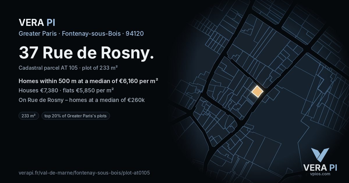 37 Rue de Rosny, Fontenay-sous-Bois at night – the plot lit, the parcels around coloured by the prices near them