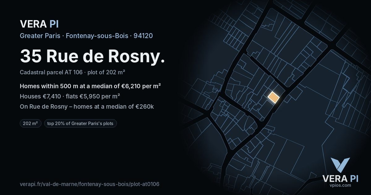 35 Rue de Rosny, Fontenay-sous-Bois at night – the plot lit, the parcels around coloured by the prices near them