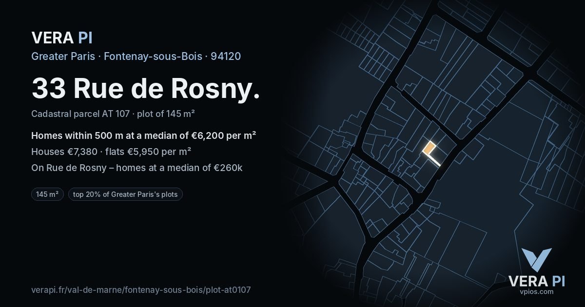 33 Rue de Rosny, Fontenay-sous-Bois at night – the plot lit, the parcels around coloured by the prices near them
