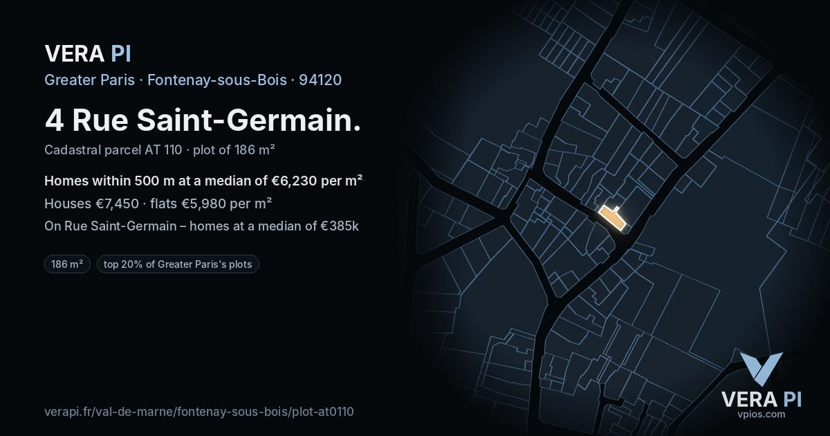 4 Rue Saint-Germain, Fontenay-sous-Bois at night – the plot lit, the parcels around coloured by the prices near them