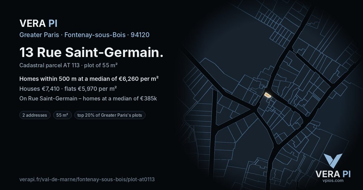 13 Rue Saint-Germain, Fontenay-sous-Bois at night – the plot lit, the parcels around coloured by the prices near them