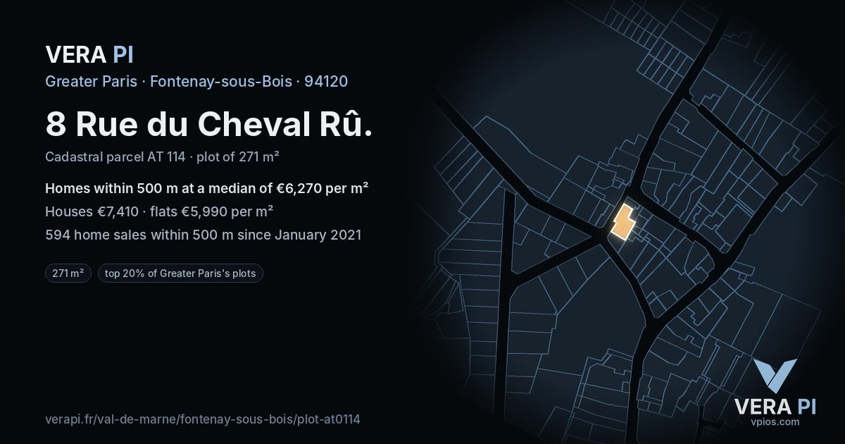 8 Rue du Cheval Rû, Fontenay-sous-Bois at night – the plot lit, the parcels around coloured by the prices near them