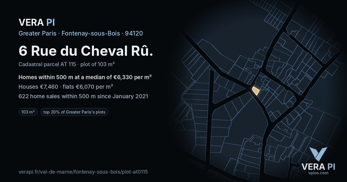 6 Rue du Cheval Rû, Fontenay-sous-Bois at night – the plot lit, the parcels around coloured by the prices near them