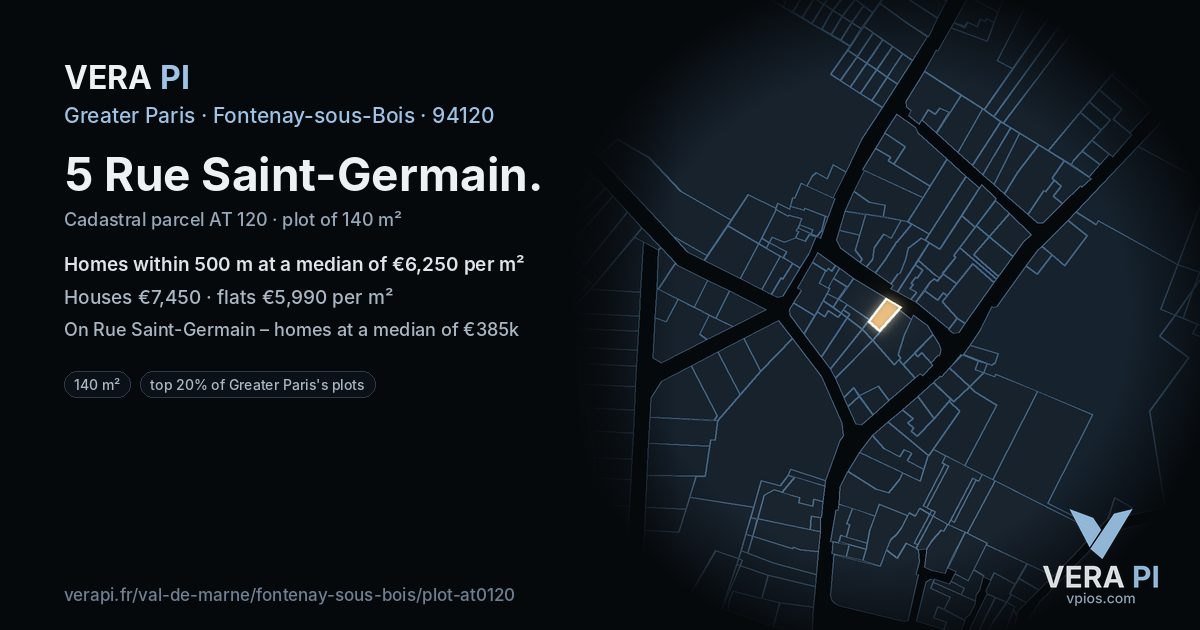 5 Rue Saint-Germain, Fontenay-sous-Bois at night – the plot lit, the parcels around coloured by the prices near them