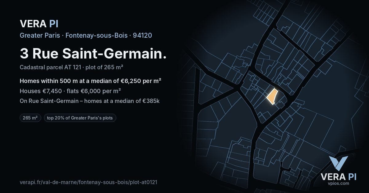 3 Rue Saint-Germain, Fontenay-sous-Bois at night – the plot lit, the parcels around coloured by the prices near them