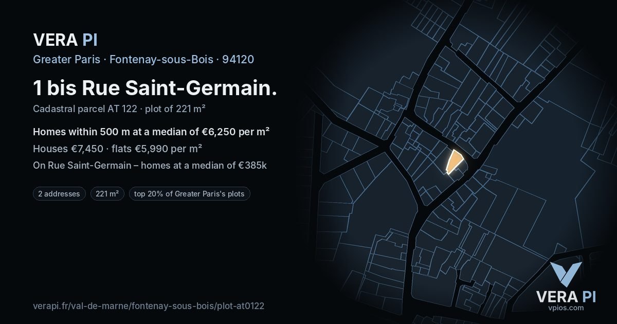 1 bis Rue Saint-Germain, Fontenay-sous-Bois at night – the plot lit, the parcels around coloured by the prices near them