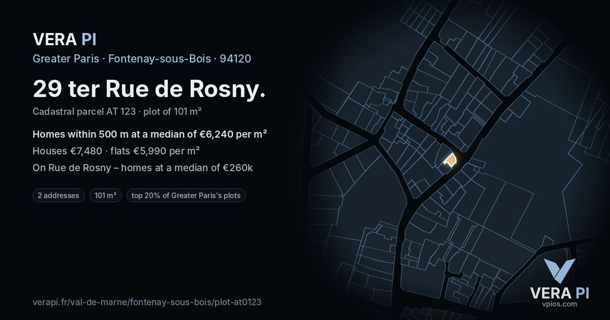 29 ter Rue de Rosny, Fontenay-sous-Bois at night – the plot lit, the parcels around coloured by the prices near them