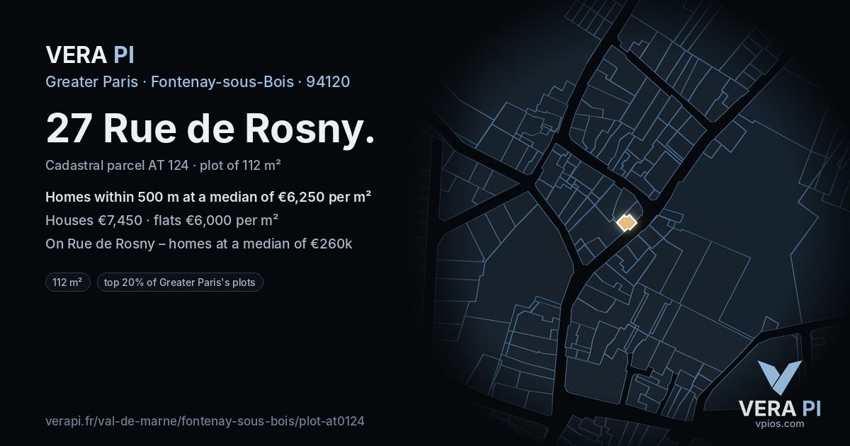 27 Rue de Rosny, Fontenay-sous-Bois at night – the plot lit, the parcels around coloured by the prices near them