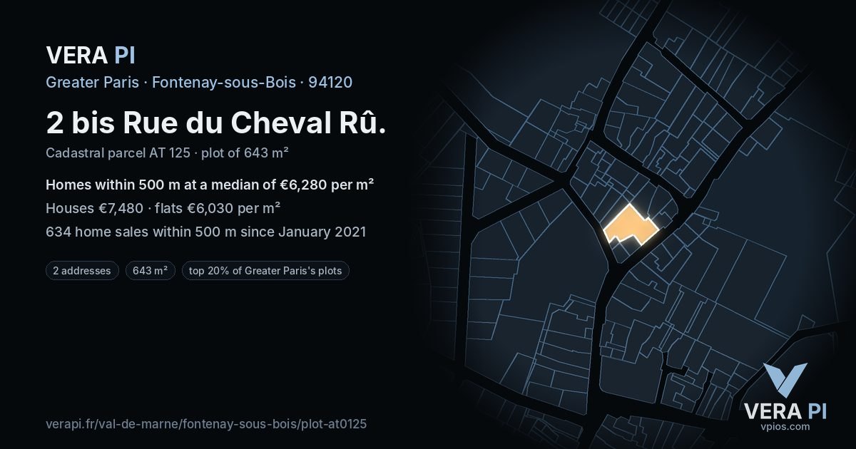 2 bis Rue du Cheval Rû, Fontenay-sous-Bois at night – the plot lit, the parcels around coloured by the prices near them