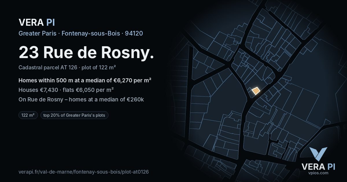 23 Rue de Rosny, Fontenay-sous-Bois at night – the plot lit, the parcels around coloured by the prices near them