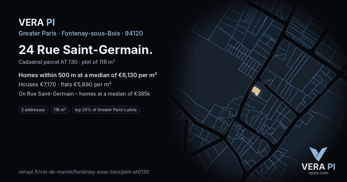 24 Rue Saint-Germain, Fontenay-sous-Bois at night – the plot lit, the parcels around coloured by the prices near them