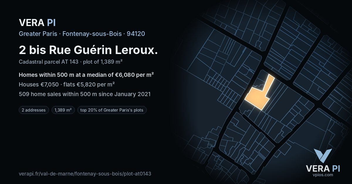 2 bis Rue Guérin Leroux, Fontenay-sous-Bois at night – the plot lit, the parcels around coloured by the prices near them