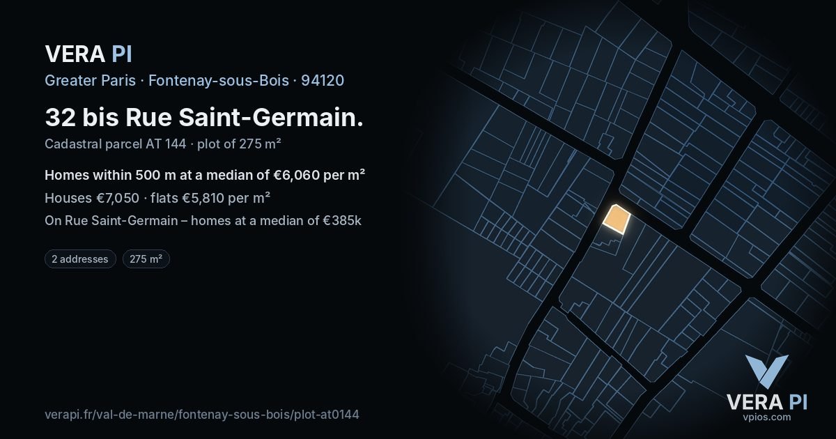 32 bis Rue Saint-Germain, Fontenay-sous-Bois at night – the plot lit, the parcels around coloured by the prices near them