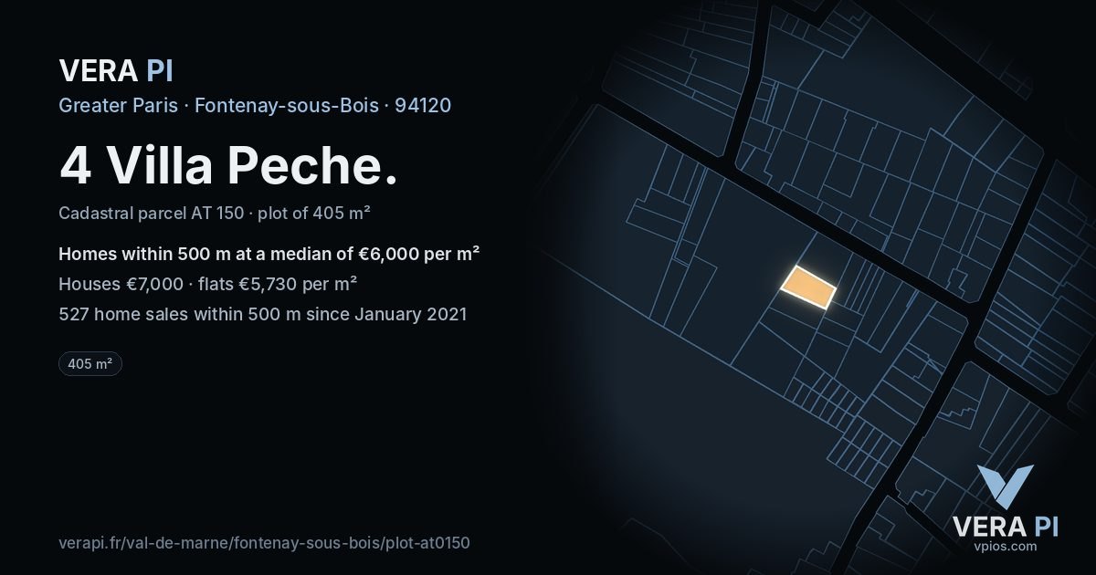 4 Villa Peche, Fontenay-sous-Bois at night – the plot lit, the parcels around coloured by the prices near them