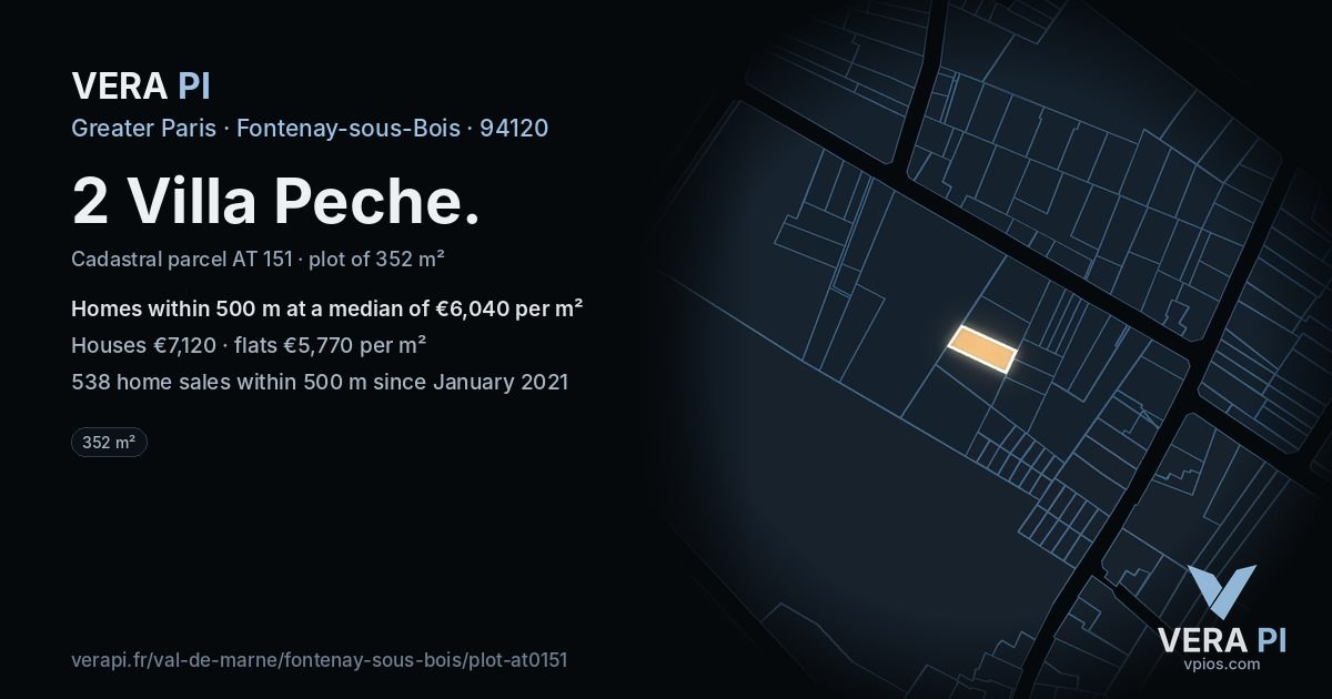 2 Villa Peche, Fontenay-sous-Bois at night – the plot lit, the parcels around coloured by the prices near them
