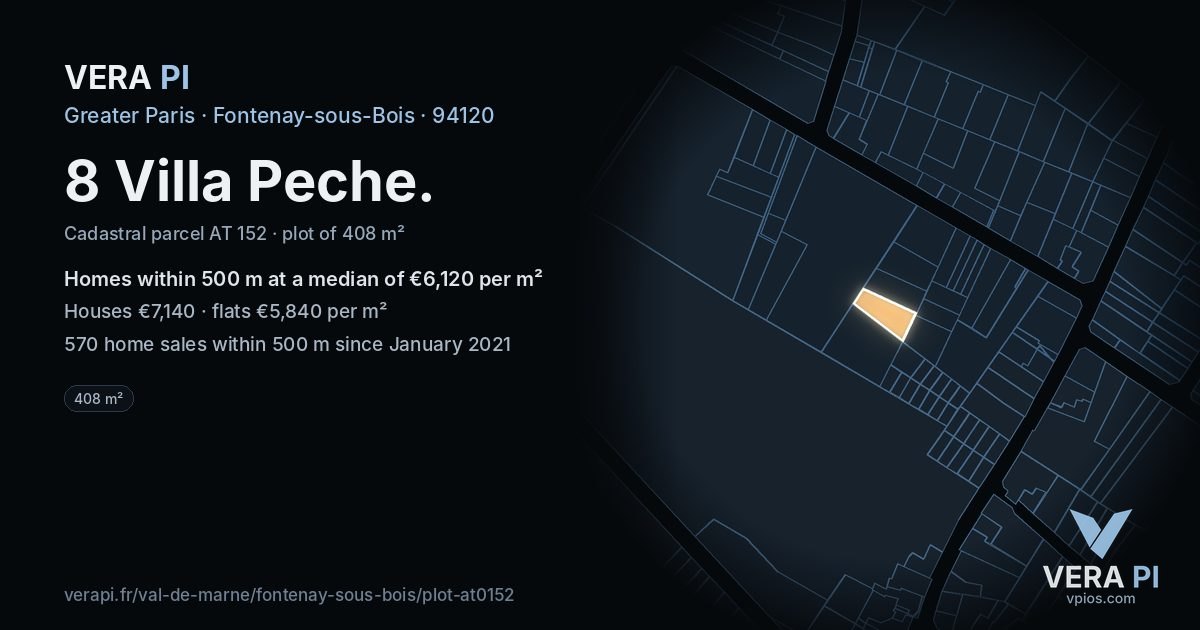 8 Villa Peche, Fontenay-sous-Bois at night – the plot lit, the parcels around coloured by the prices near them
