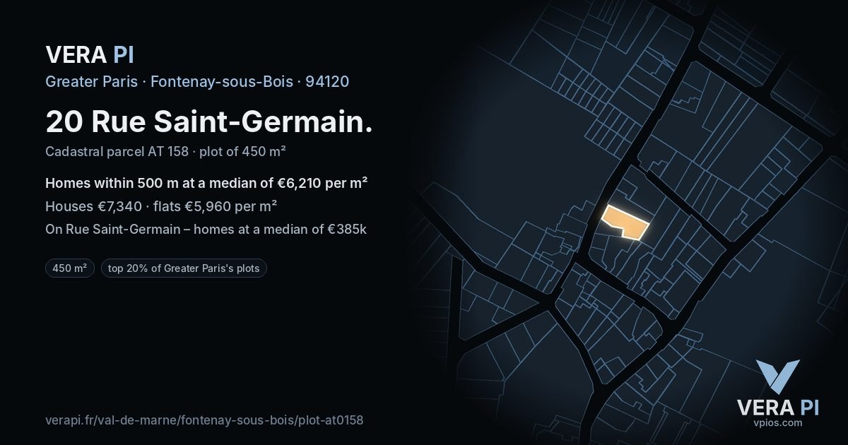 20 Rue Saint-Germain, Fontenay-sous-Bois at night – the plot lit, the parcels around coloured by the prices near them