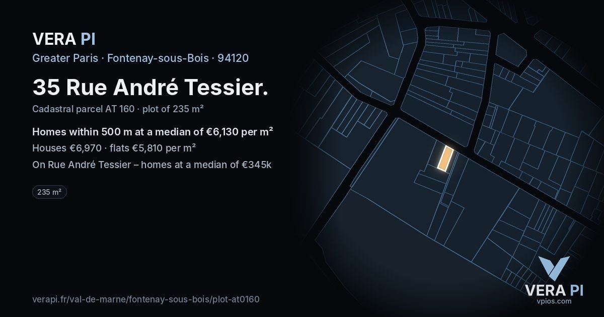 35 Rue André Tessier, Fontenay-sous-Bois at night – the plot lit, the parcels around coloured by the prices near them