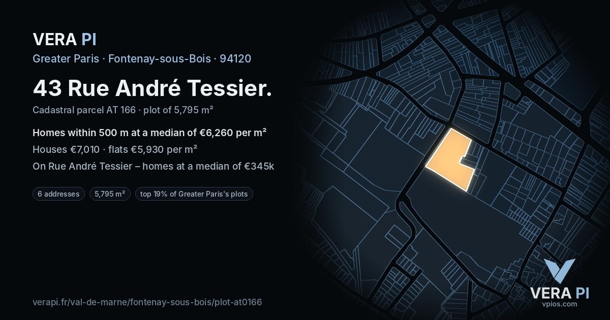 43 Rue André Tessier, Fontenay-sous-Bois at night – the plot lit, the parcels around coloured by the prices near them