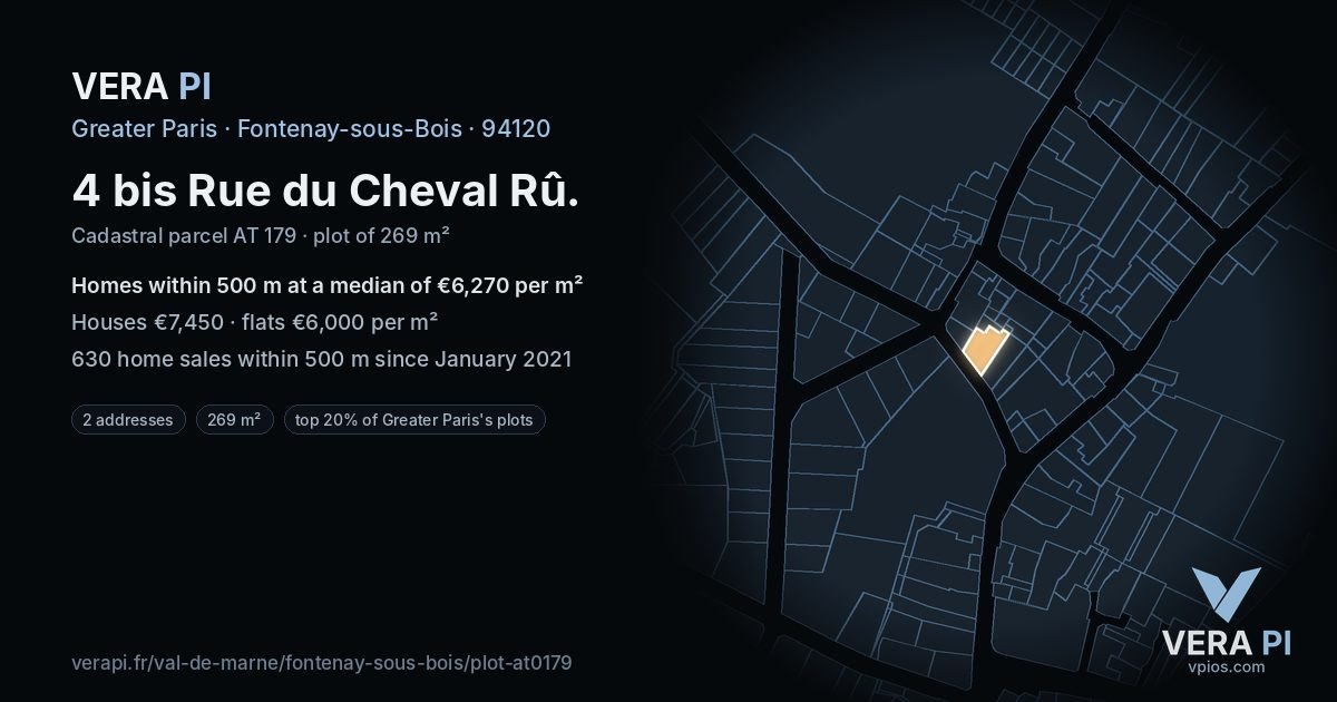 4 bis Rue du Cheval Rû, Fontenay-sous-Bois at night – the plot lit, the parcels around coloured by the prices near them