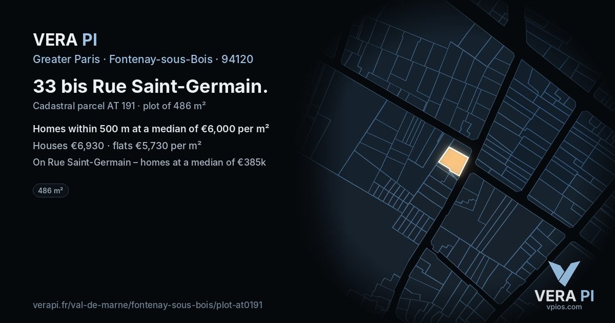 33 bis Rue Saint-Germain, Fontenay-sous-Bois at night – the plot lit, the parcels around coloured by the prices near them