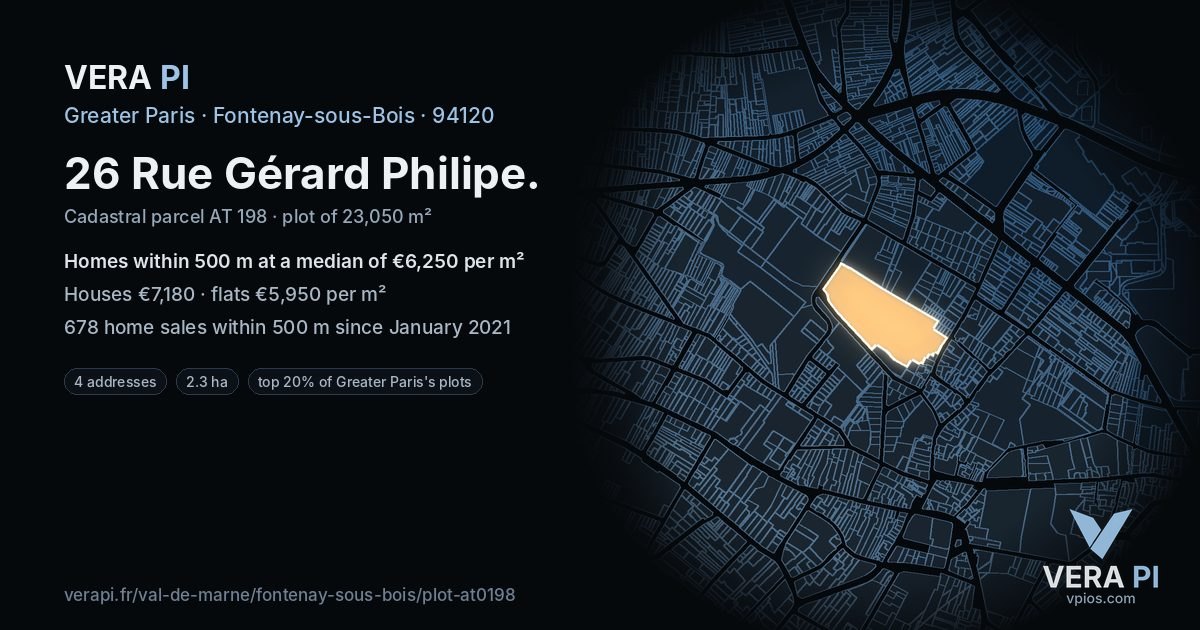 26 Rue Gérard Philipe, Fontenay-sous-Bois at night – the plot lit, the parcels around coloured by the prices near them