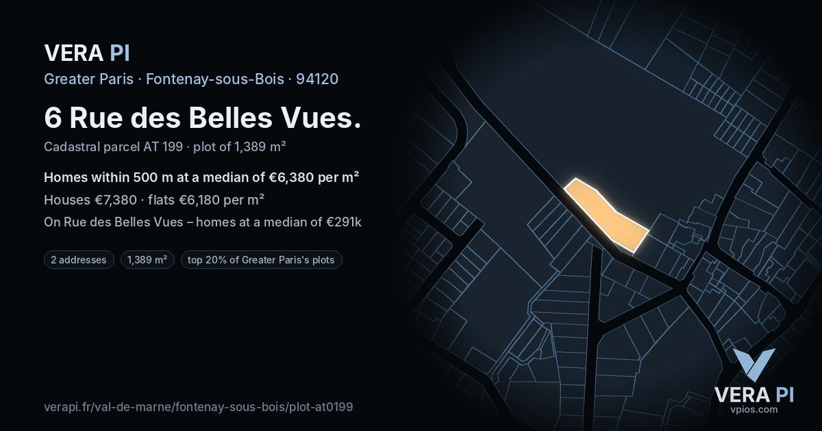6 Rue des Belles Vues, Fontenay-sous-Bois at night – the plot lit, the parcels around coloured by the prices near them