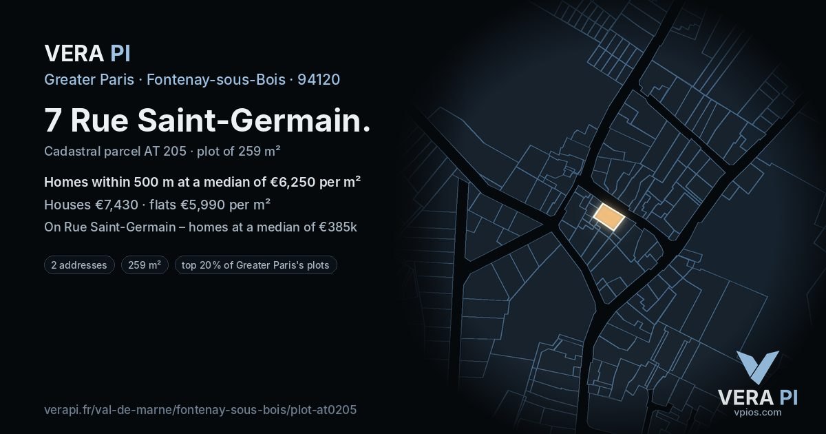 7 Rue Saint-Germain, Fontenay-sous-Bois at night – the plot lit, the parcels around coloured by the prices near them
