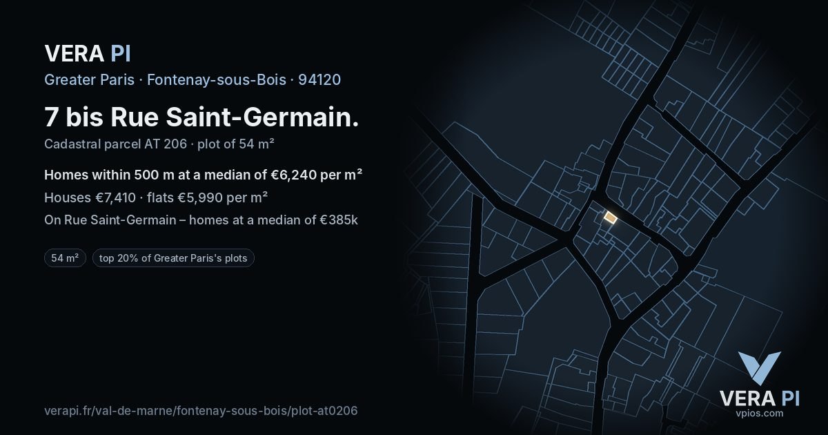 7 bis Rue Saint-Germain, Fontenay-sous-Bois at night – the plot lit, the parcels around coloured by the prices near them