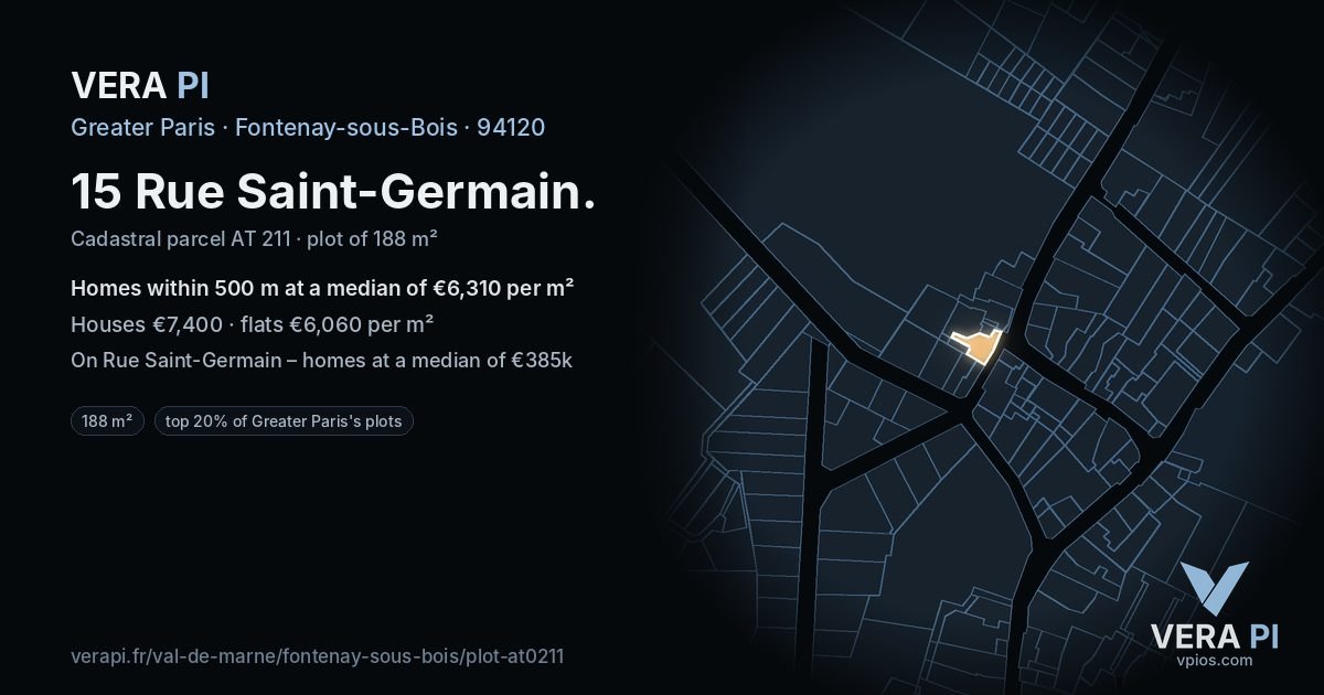 15 Rue Saint-Germain, Fontenay-sous-Bois at night – the plot lit, the parcels around coloured by the prices near them