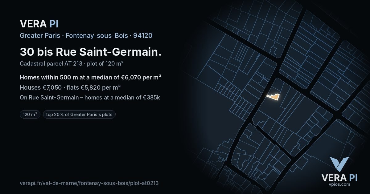 30 bis Rue Saint-Germain, Fontenay-sous-Bois at night – the plot lit, the parcels around coloured by the prices near them