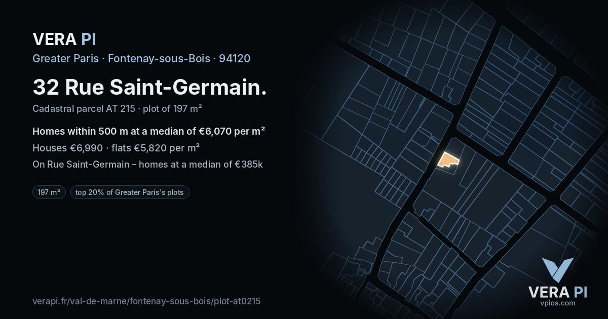 32 Rue Saint-Germain, Fontenay-sous-Bois at night – the plot lit, the parcels around coloured by the prices near them