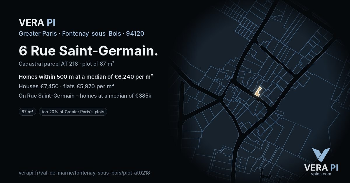6 Rue Saint-Germain, Fontenay-sous-Bois at night – the plot lit, the parcels around coloured by the prices near them