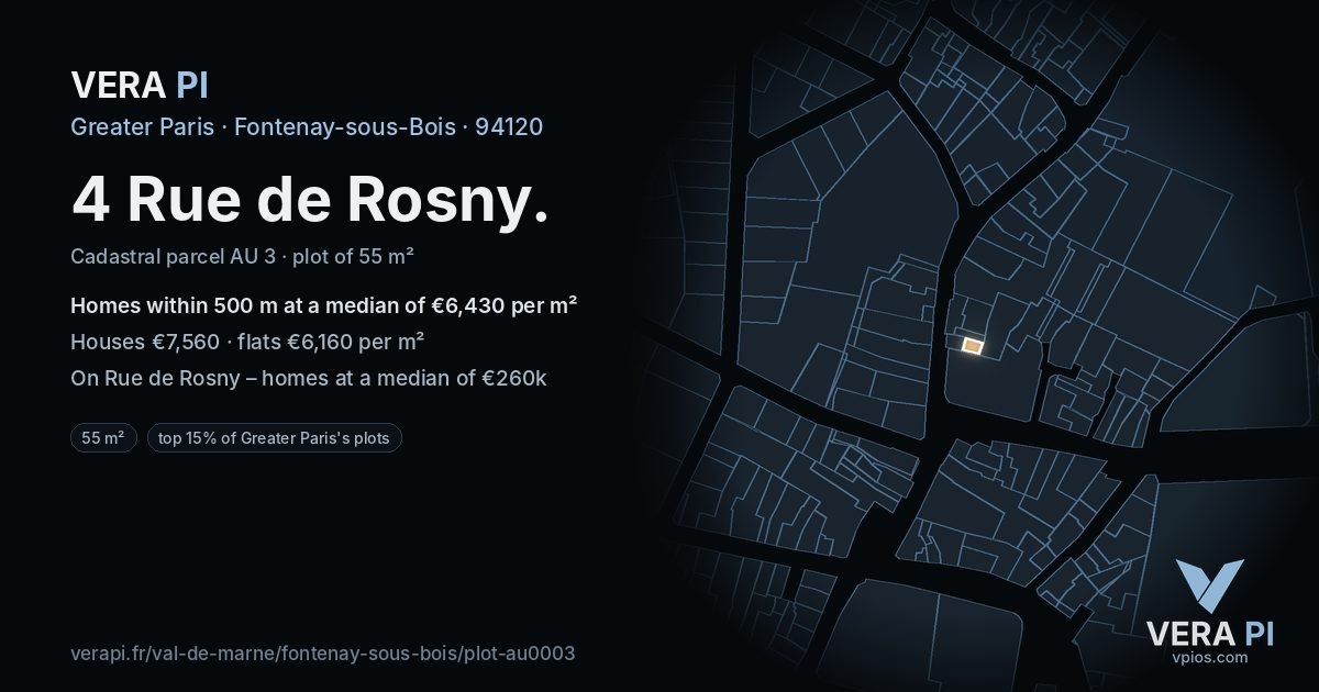 4 Rue de Rosny, Fontenay-sous-Bois at night – the plot lit, the parcels around coloured by the prices near them