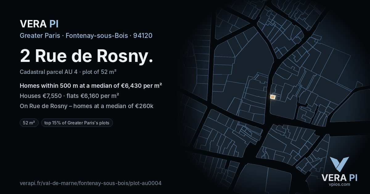 2 Rue de Rosny, Fontenay-sous-Bois at night – the plot lit, the parcels around coloured by the prices near them